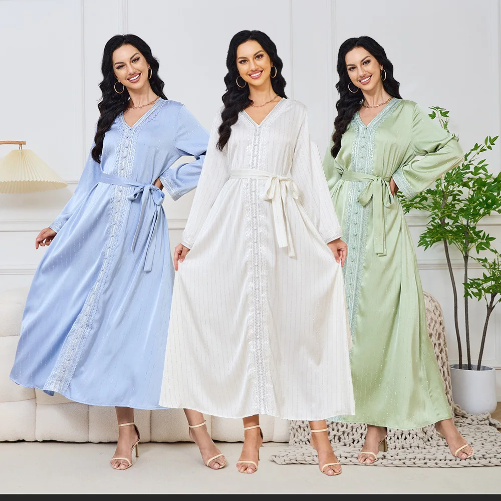 MT065 Women's Arabic Clothing Hot Diamond New V-neck Robe Style Dress