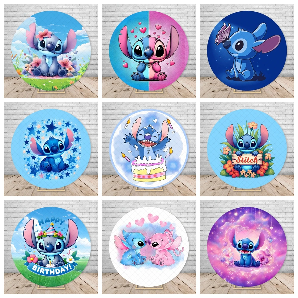 

Round Disney Stitch and Angel Background Kids Birthday Party Baby Shower Backdrop Circle Banner Photography Decor With Elastic