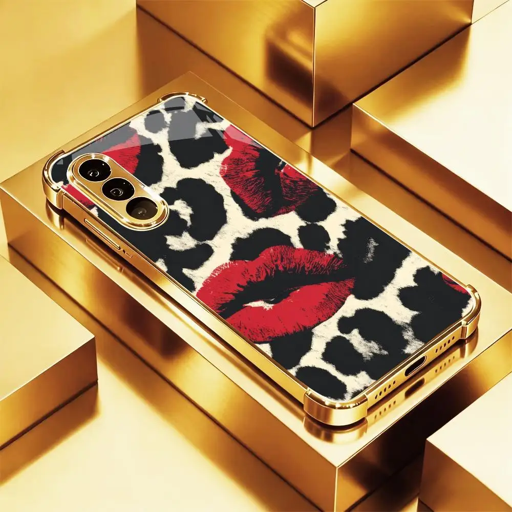 Leopard print red lips TPU HD Gold glass phone case for Samsung Galaxy S26 S25 S24 S23 S22FE,Ultra,Plus Super-strong protectio
