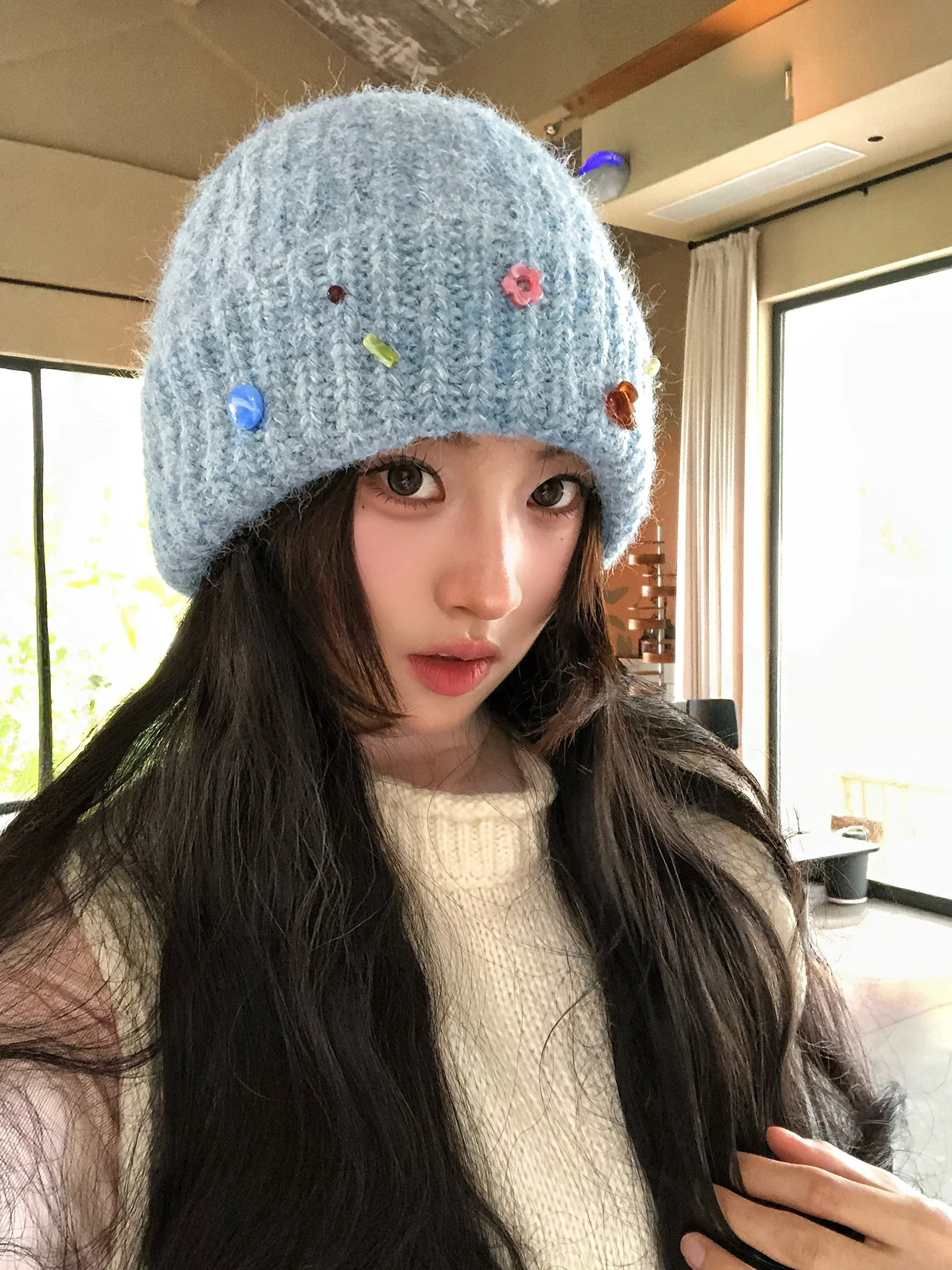  Stone Knitted Woolen Hat Women's Autumn Winter New Style Ear Protection Cold Proof Face Slimming Warm All-Inclusive Hat