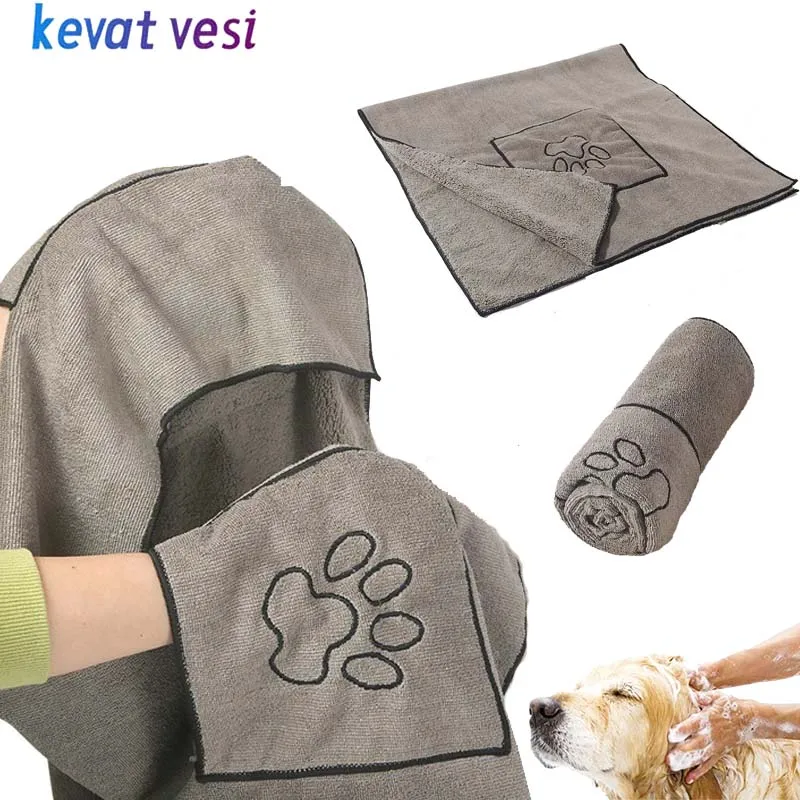 Pet Towel Super Absorbent Dog Bath Towel With Hand Pockets Soft Quick Drying Cleaning Washcloth for Medium Large Dogs Cats