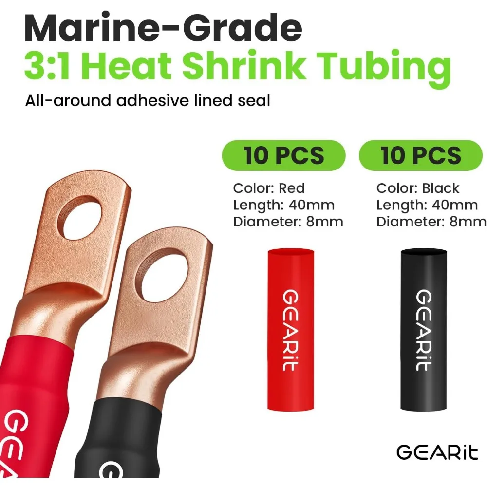 Kit de cables de batería automotriz de calibre 8 con envoltura termorretráctil y terminales, cable negro/rojo de 25 pies para audio de automóvil