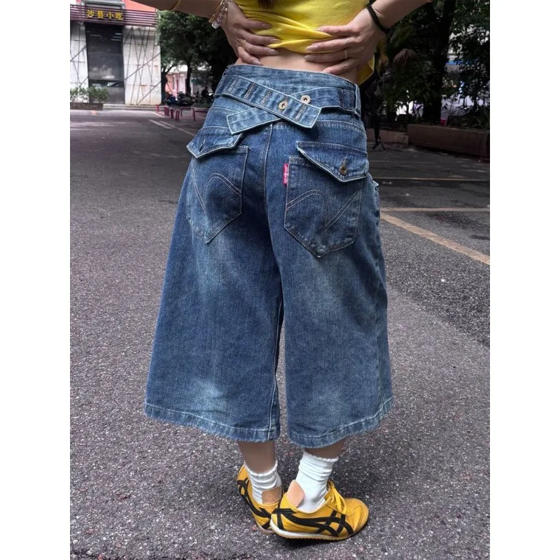 Vintage American High Waist Adjustable Buckle Jeans Women Soft Distressed Light Blue Capri Denim Pants 2026 Casual Daily Wear view 4