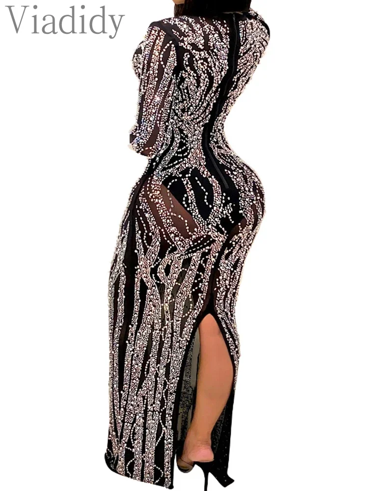 

Сексуальное вечернее платье с длинными рукавами из прозрачной сетки и стразами