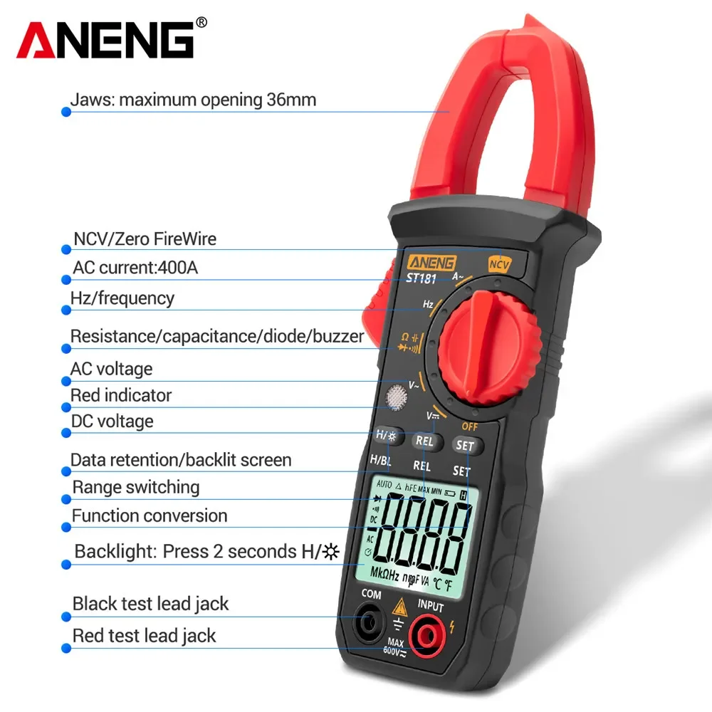 ST181 Digital Clamp Meter 4000 conta DC/AC corrente multimetro amperometro Tester di tensione Car Amp Hz capacità NCV Ohm Test