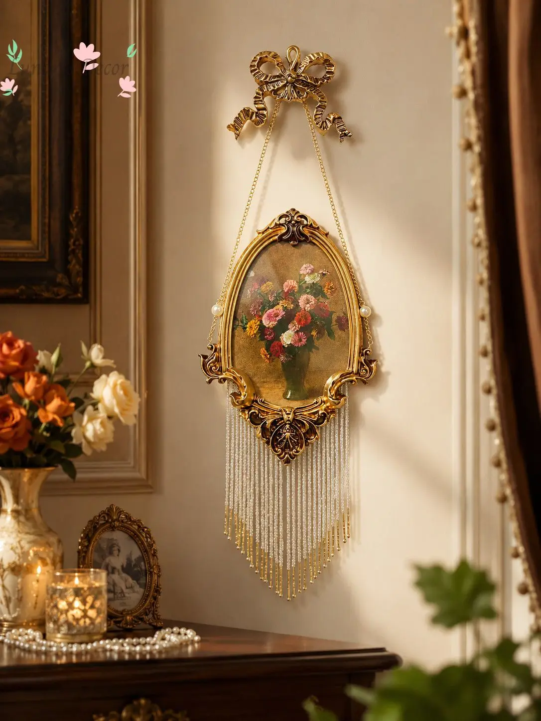 Bow tassels, European vintage niche decorative paintings, vintage photo frames, pendants, home decor