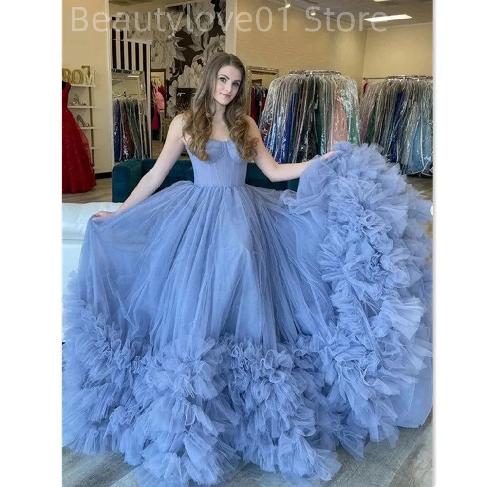 

2023 Newest Custom High-end Luxury Blue Candy Color Sweet Sleeveless Knee-Length A-LINE Tulle Prom Evening Dress De Soriee