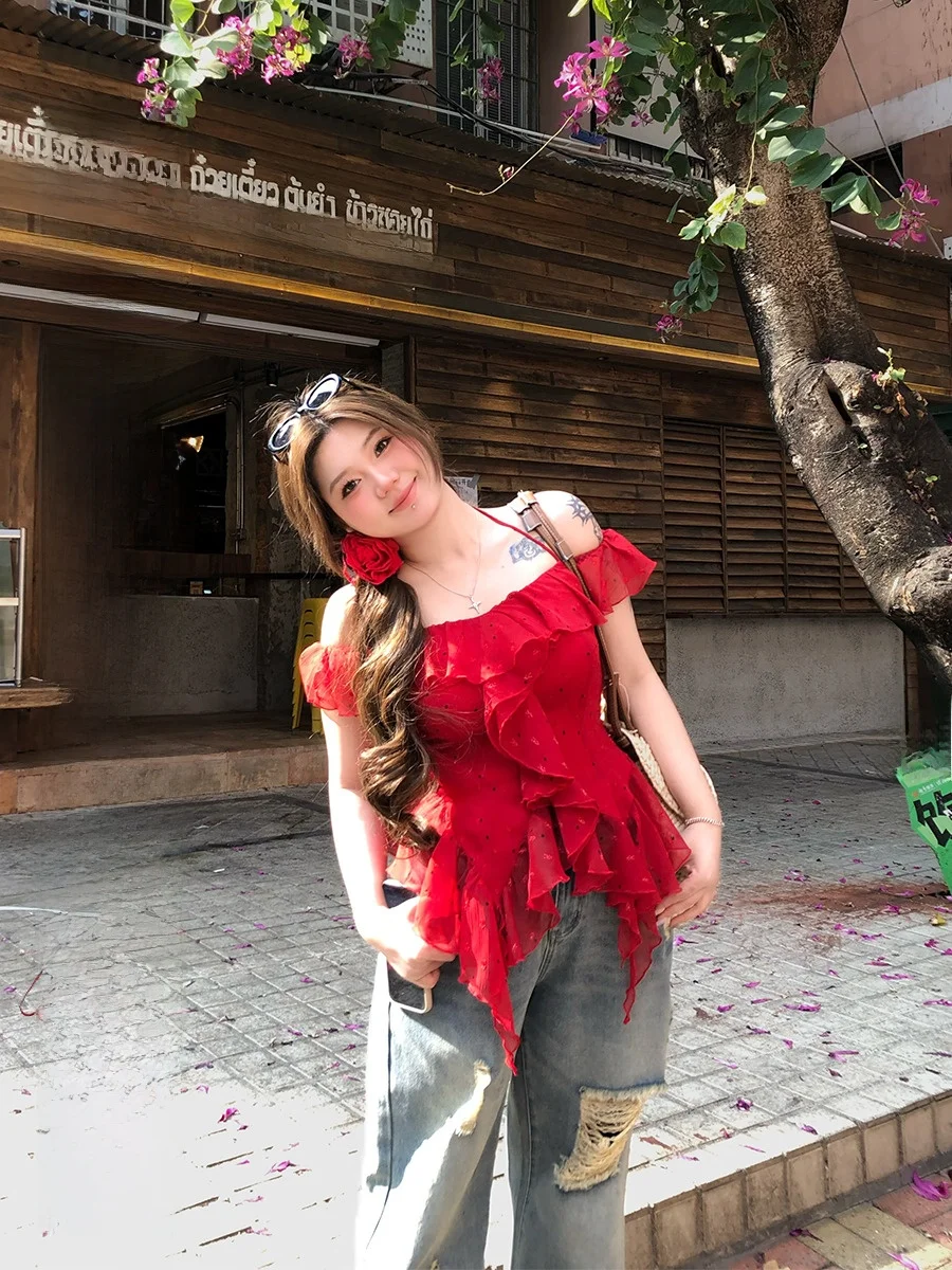 

Annie, лето 2021, шифоновый топ в горошек с рюшами и подолом, женский милый облегающий топ на одно плечо Princ Princ Princ