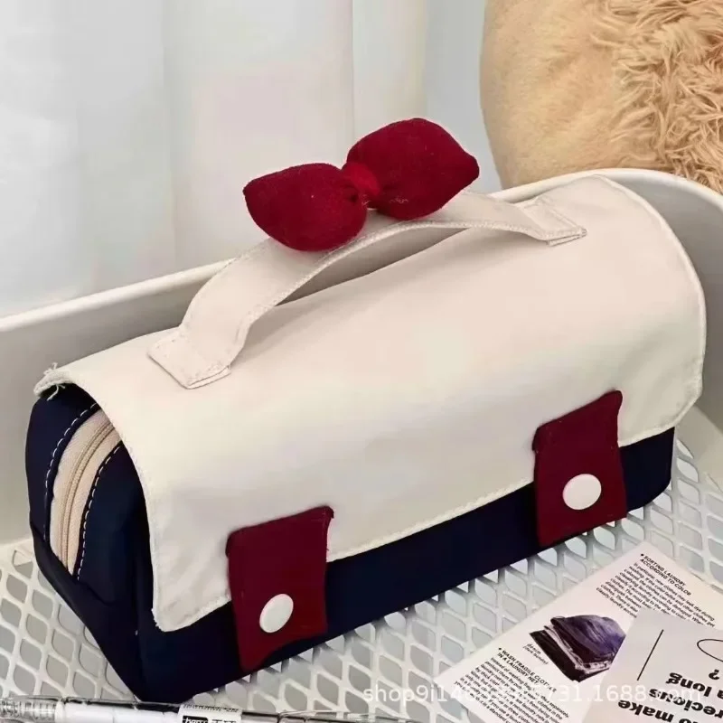 

Japanese Ins Princess Bow Briefcase Pencil Case Cute Simple Large Capacity Girls Pen Bag Stationery Makeup Bag School Supplies
