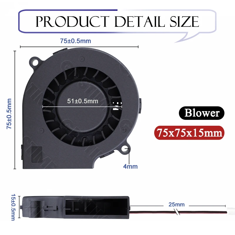 Wentylator Gdstime 70MM, dmuchawa radialna 75MM*15MM, wentylator odśrodkowy 24V 12V 5V DC, wentylator turbo z podwójnym łożyskiem kulkowym 7515 do chłodzenia procesora PC, oczyszczacza powietrza. — zdjęcie produktu 5