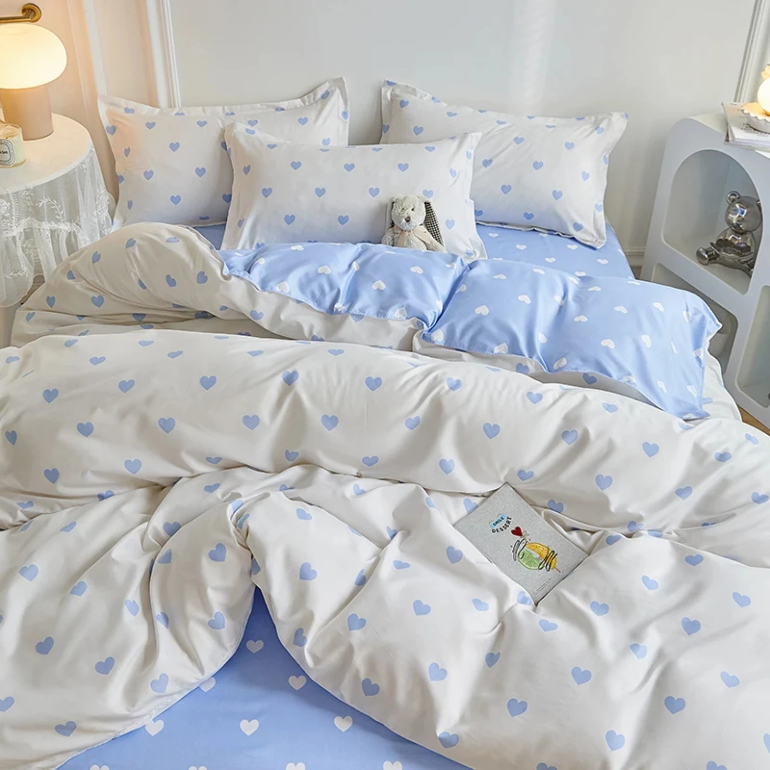 

Blue White Heart Duvet Cover Set INS Flat Sheet Pillowcase Floral Girls Adults Bed Linen Single Twin Queen Size Bedding