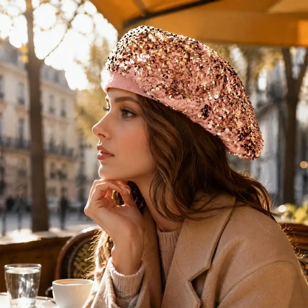 Women Sequined Beret Hat Sparkly Retro Artist Cap Stylish Classic Cap Adjustable Painter Cap for Street Party Daily Wear