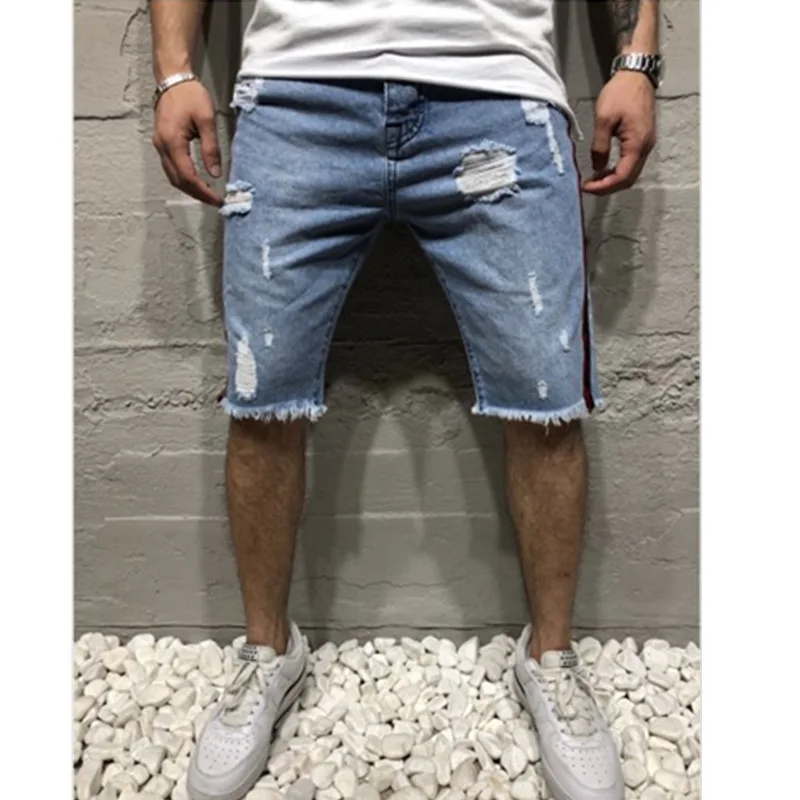 

New Men'S Jeans Hot Sale Knee Shorts Five-Point Pants Jumpsuit With Webbing Jeans Ripped Pants