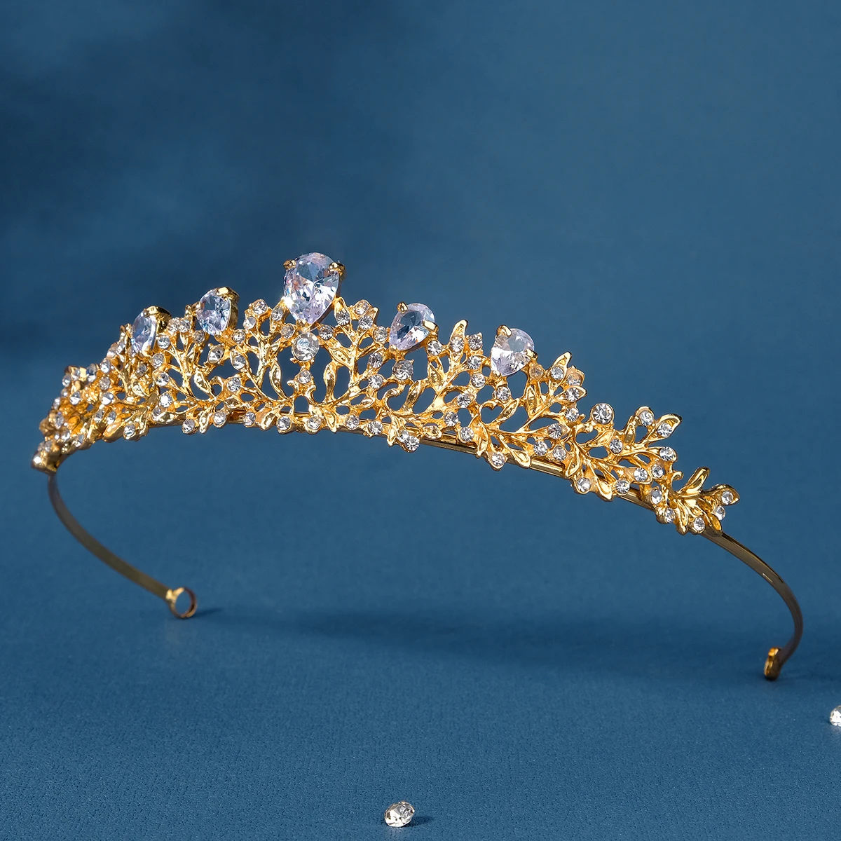 Elegant Gold Leaf Princess Crown Teardrop Crystal Tiara for Girls Flower Girl Headband Wedding Hair Accessories Birthday Party image 4