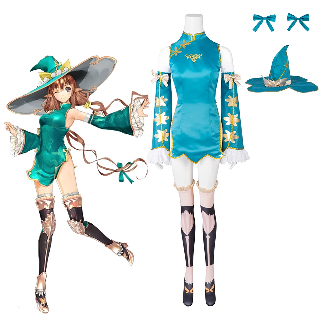 

Game Shining Resonance Rinna Mayfield Cosplay Costume Blue Dress Set Women Elf Rinna Mayfield Blue Outfits With Hat Full Set