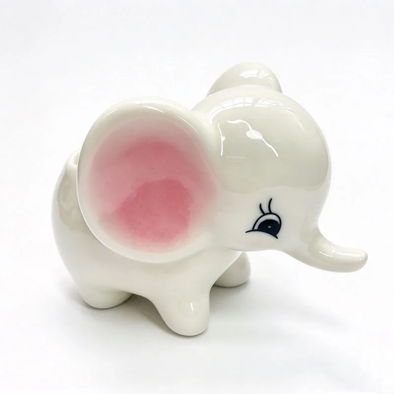 Ceramic Elephant Candle Holder Cute Pink Ear Elephant Figurine Tabletop Decorative Candlestick Home Ornament Gift