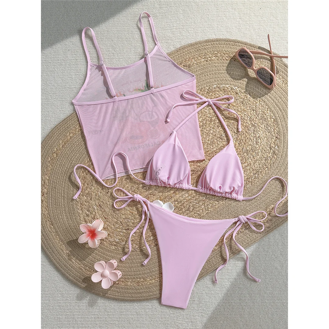 Neuer bedruckter Bikini mit Weste und Neckholder, Damen-Badeanzug, dreiteiliges Bikini-Set, gepolsterter Badeanzug, Badebekleidung, Schwimmanzug V8309 – Detail 6