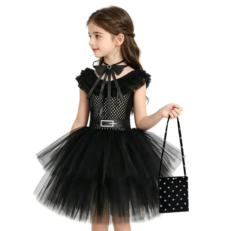 

Girls' Black Witch Style Dress,Layered Tulle Puffy Skirt,Bow Lace Collar with Handbag,Casual Dress for Kids Party and Daily Wear