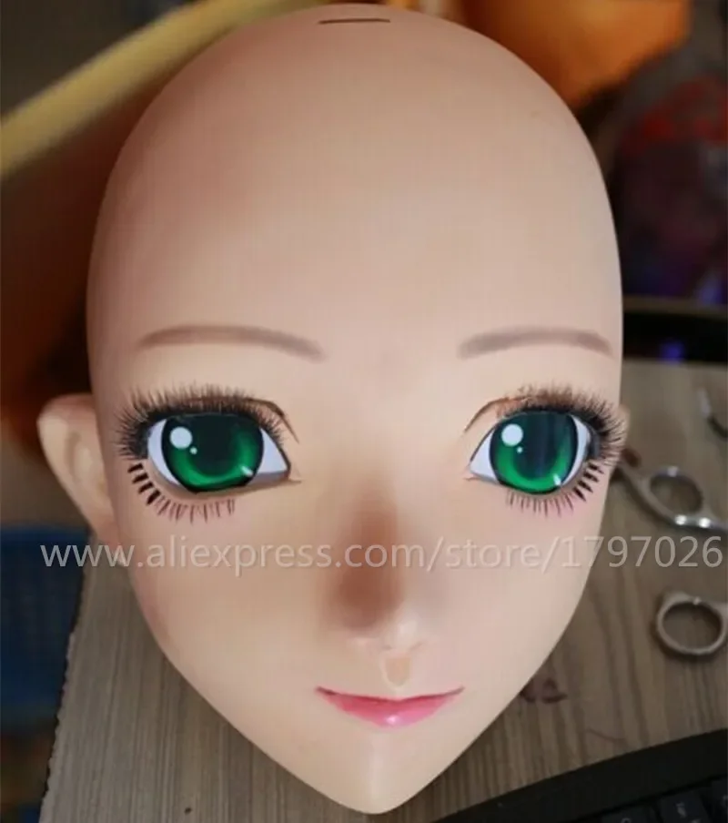 Kigurumi Face Cosplay Silicone Half Head Mask Green Eyes Japanese Anime Role Kigurumi Mask Handemade