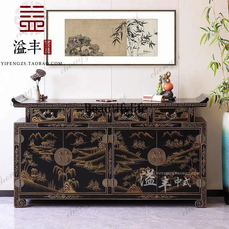 Solid wood painted gold landscape hand-painted warped head cabinet retro storage cabinet solid wood dining side cabinet
