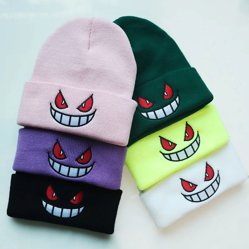 Hot Knitted Hat Gengar Embroidery Wool Hat Men Women Winter Warm Hat Decor Fashion Indoor Outside Casual Lovely Hat for Couple