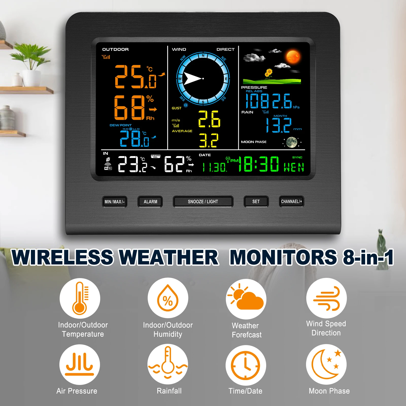 محطة الطقس اللاسلكية 8 في 1 مع مزامنة WiFi تعمل بالطاقة الشمسية مستشعر خارجي في الوقت الحقيقي درجة الحرارة/الرطوبة/الرياح/المطر/الضغط للمنزل