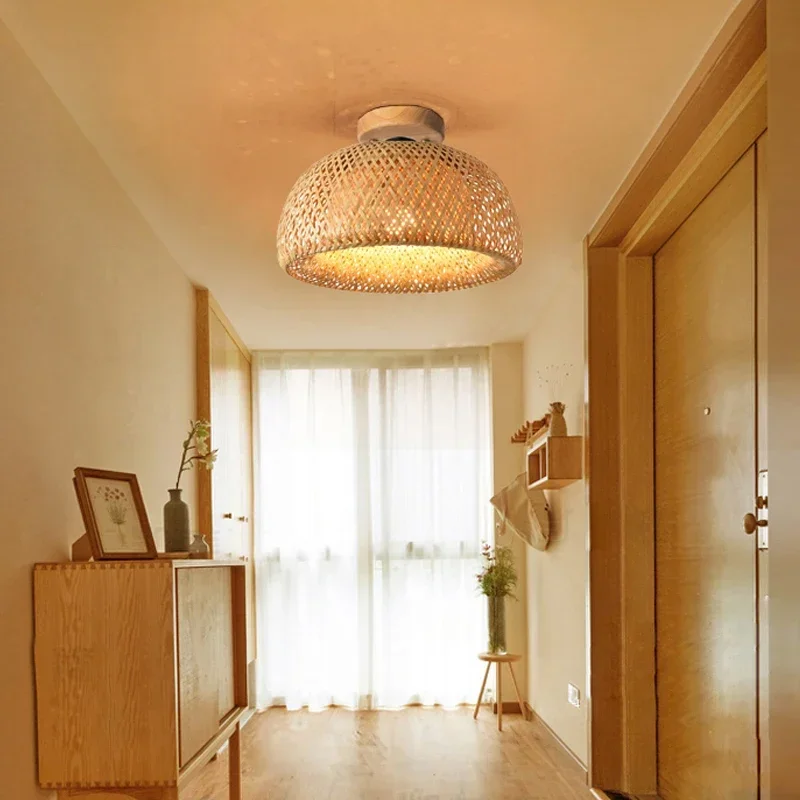 Plafoniere moderne in bambù naturale E27 Minimalismo Illuminazione creativa per la casa Sala da tè Zen cinese Decorazione corridoio Lampada a gabbia