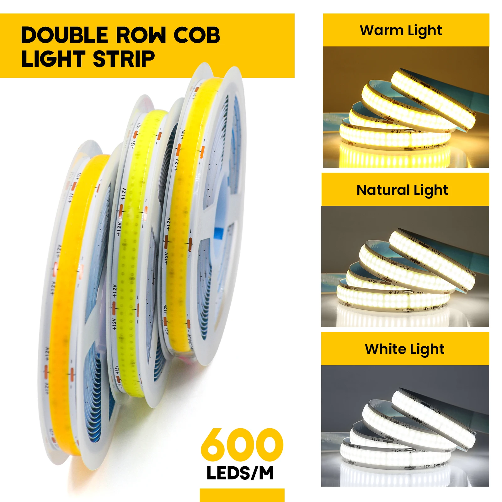 Super Bright COB LED Strip DC 12V 24V Double Row 600LEDs/m Flexible Dimmable Led Lights RA90 Tape Lighting 3000K 4000K 6000K