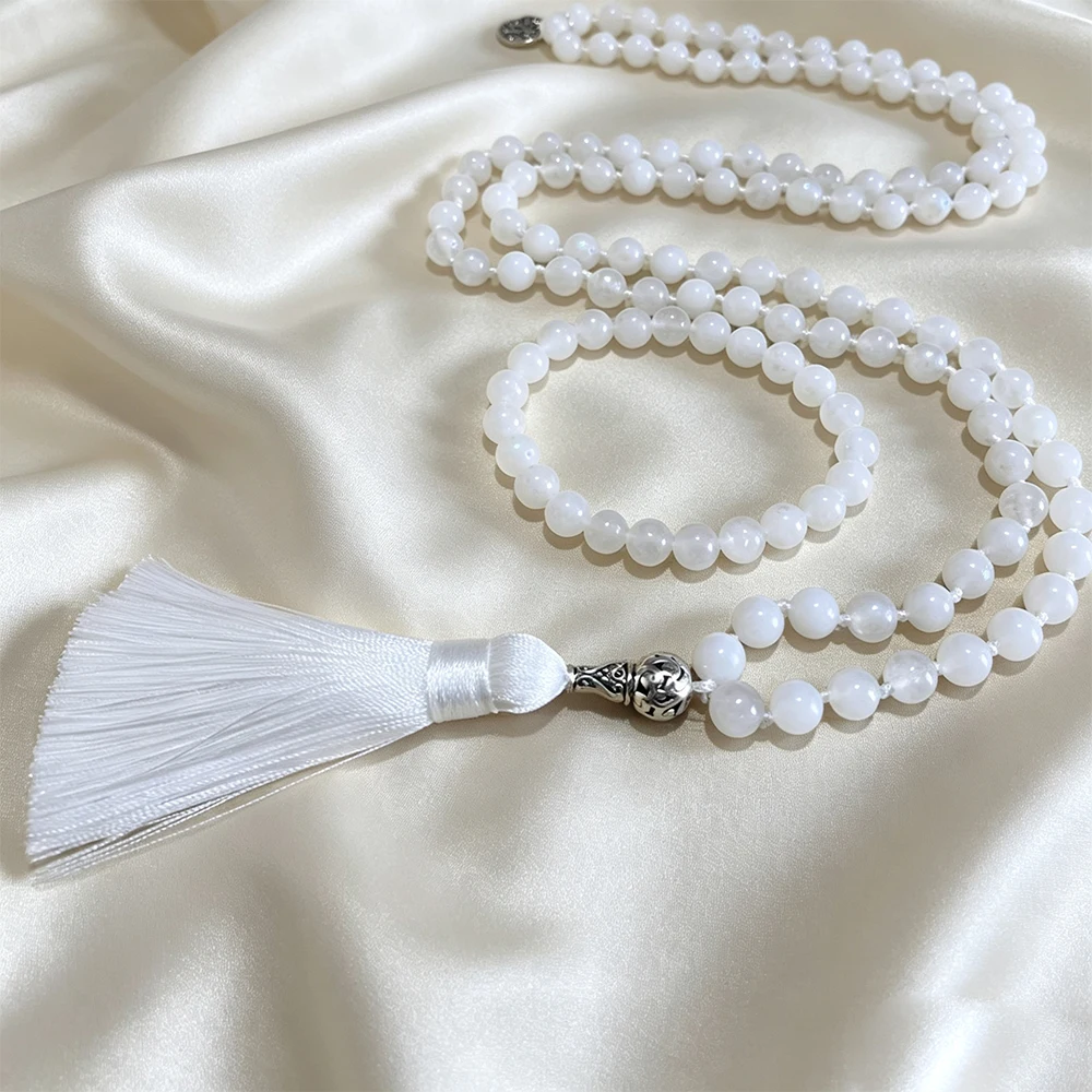 8 mm Mondstein-Perlenknoten, 108 Mala-Halskette, Armband-Set, Meditation, Yoga, Gebet, Japamala-Schmuck für Männer und Frauen – Detail 2