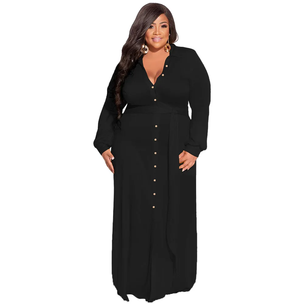 Wsfec L-5XL plus size frauen kleidung fallen einfarbig langarm knopf verband geteilt lässig sexy langes kleid drops hipping