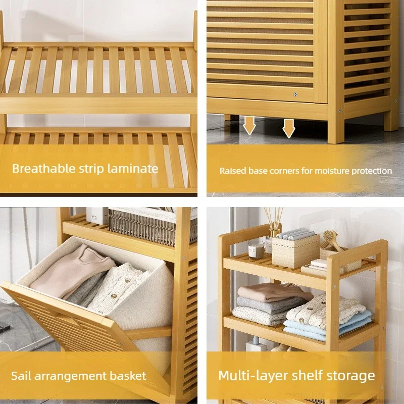 Multi-Tier Bamboo Laundry Hamper with Ventilated Design, Spacious Bathroom & Home Storage Organizer, Natural Floor Standing Rack view 4