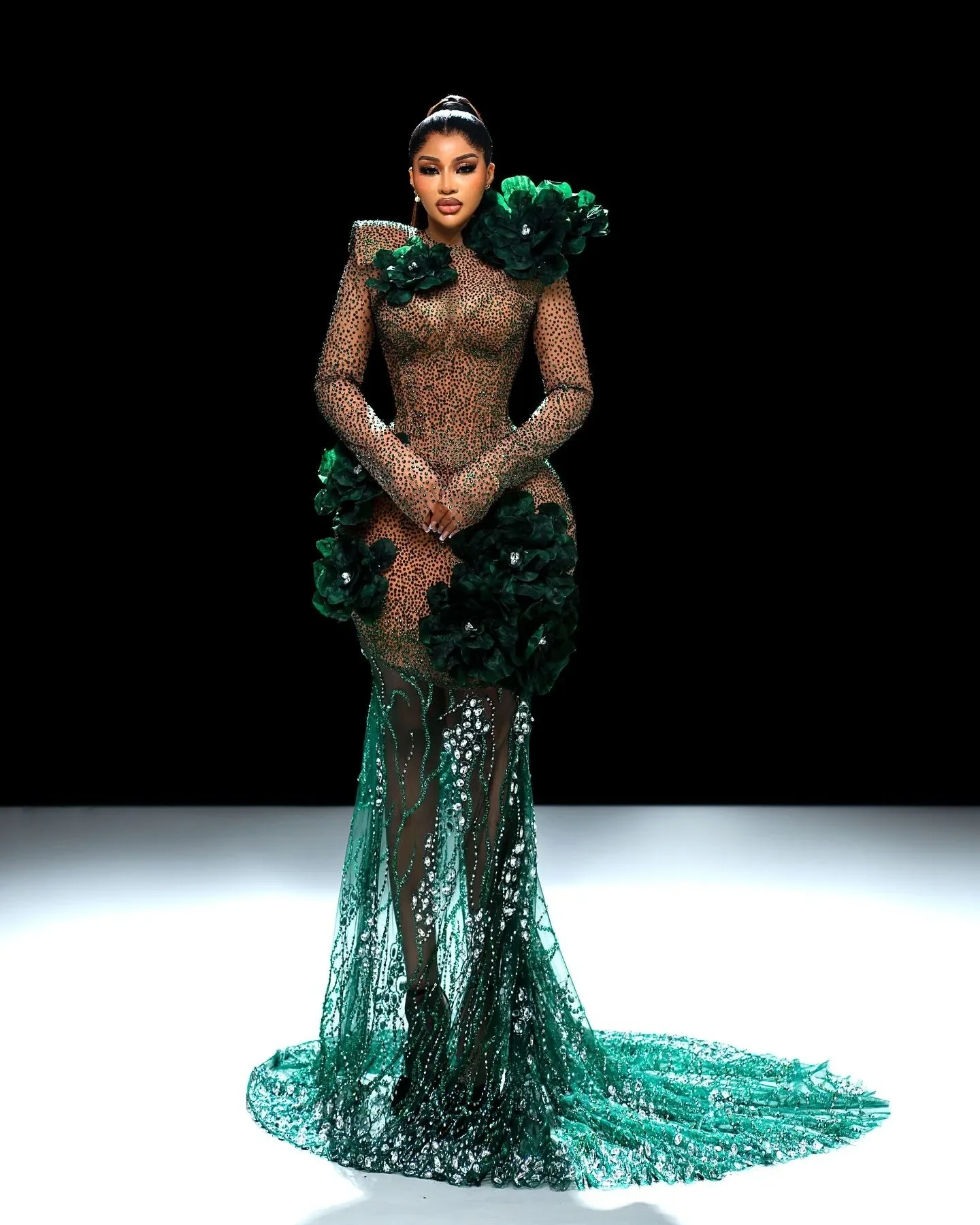 Luxury Mermaid Prom Dress Crystals Floral Emerald Green Sequins Long Sleeves Formal Gowns Evening Dresses Beading Custom Made image 4