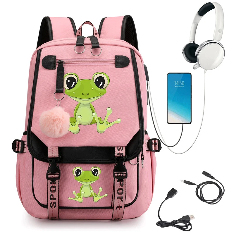 Mochila escolar Kawaii para estudiantes universitarios, morral impermeable con estampado de rana y dibujos animados, bolsa de viaje con Usb