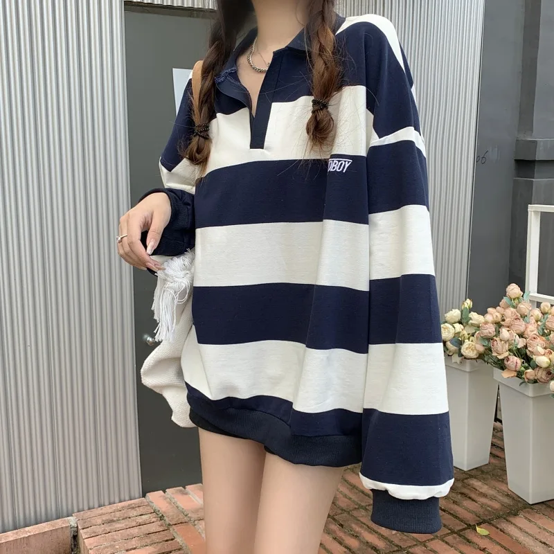 Harajuku Striped Y2k Sweatshirt Women Korean Style Preppy Pullover Female Fashion Polo Sweatshirt Ladies Casual Long Sleeve Tops