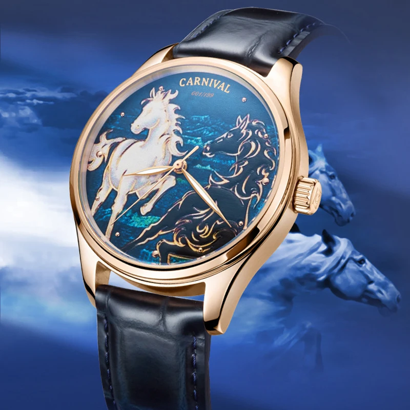 

Carnival Brand Fashion Zodiac Horse Dial Design Mechanical Watch Leather Strap Sapphire Glass Luxury MIYOTA Movement Mens Watch