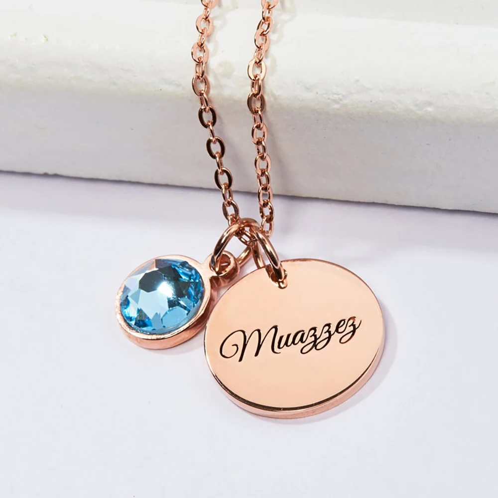 Mini-World Customized Solid Circle Carved Name Letter Necklace Birthstone Charm Stainless Steel Personalized Jewelry Gift