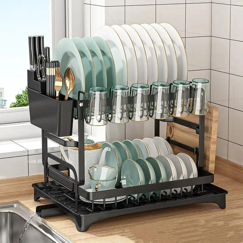 

2 Tier Dish Drying Rack Kitchen Counter Dish Organizer Rack With Drainboard And Utensil Holders Carbon Steel Dish Drainer Set