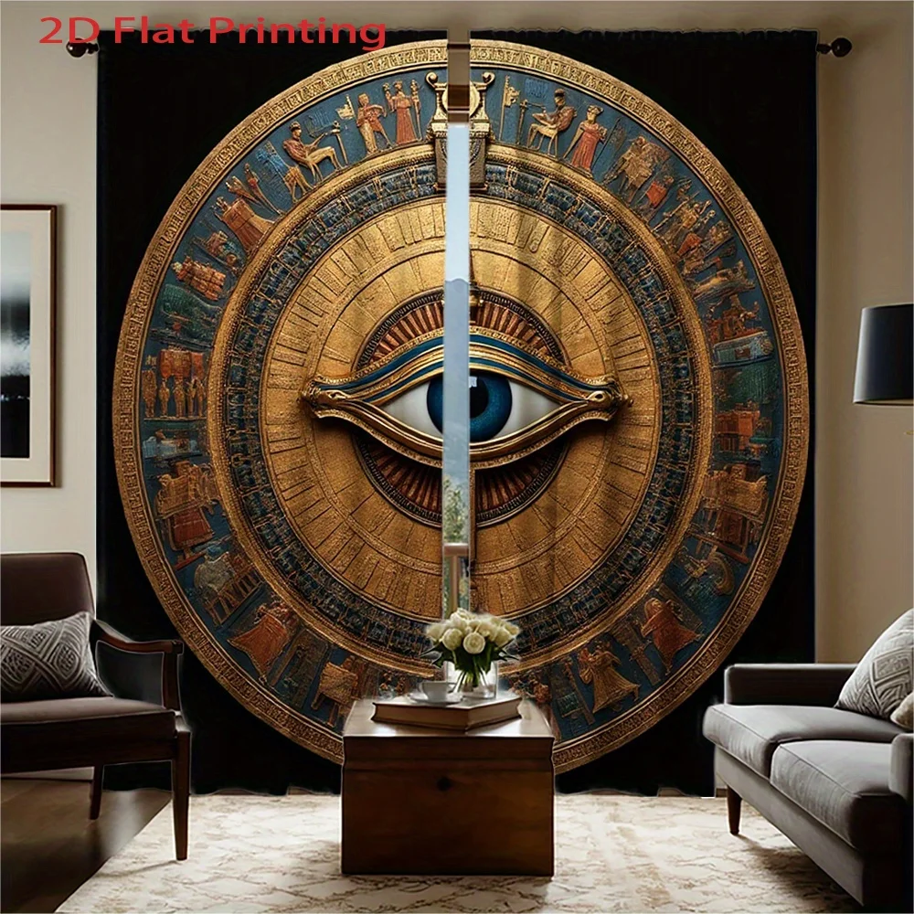 2Pcs Egyptian Eye of Horus Gold Blue Tutankhamun Print 2D Flat Curtains for Living Room Bedroom Home Decor