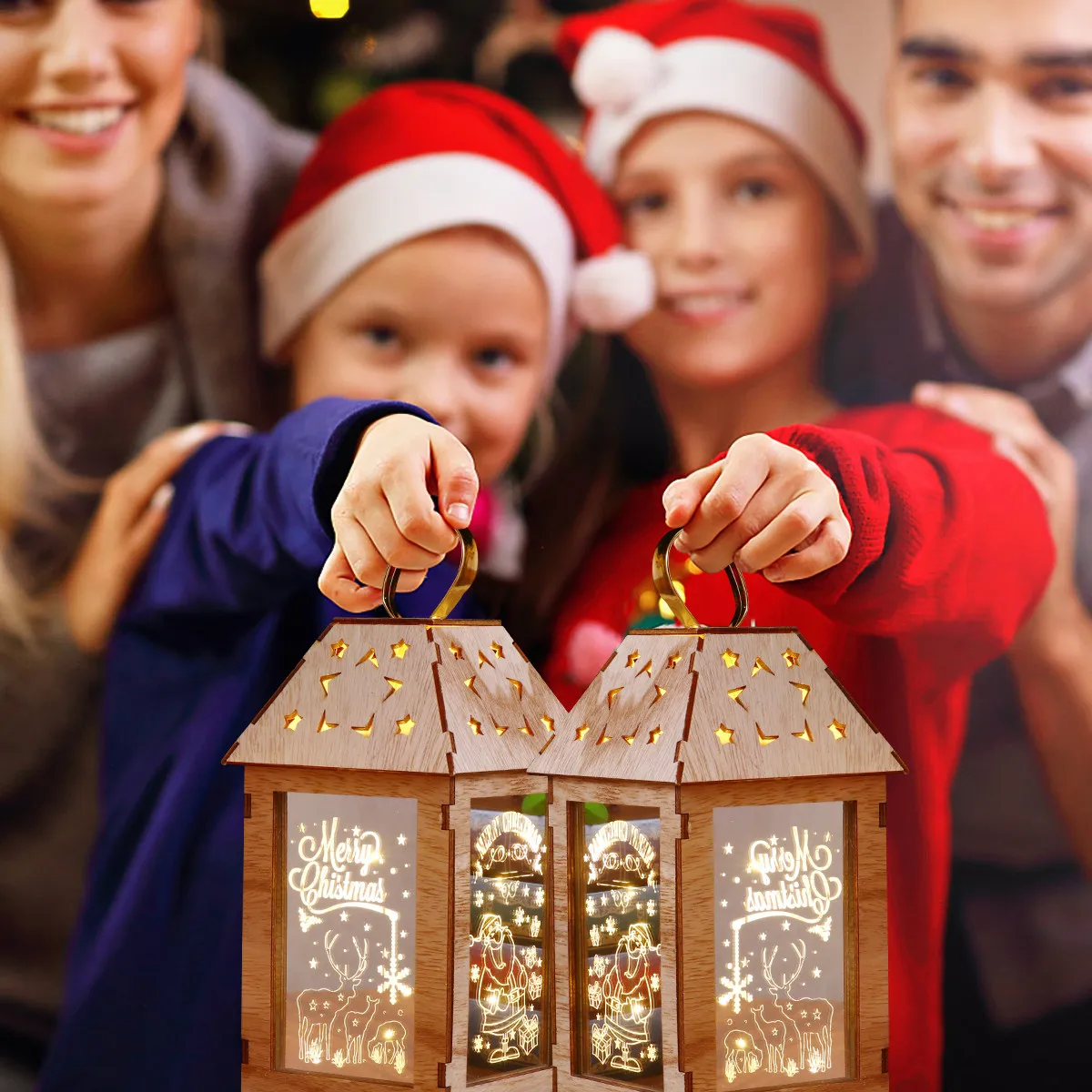 1Pcs Wooden Christmas Lantern LED Atmosphere Lamp Retro Design Festival Blessing Decorative Lamp for Indoor Room Wall Desktop