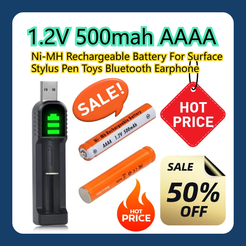 

1.2V 500mah AAAA Ni-MH Rechargeable Battery with USB charger For Surface Stylus Pen Toys Bluetooth Earphone 2pcs
