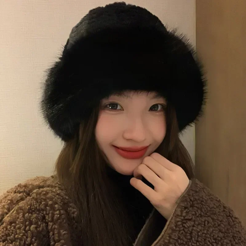 Plush Fisherman Hats Winter Women Girls Solid Color Warm Comfortable Caps Simple Casual Exquisite Fur Hats Fashion Accessories