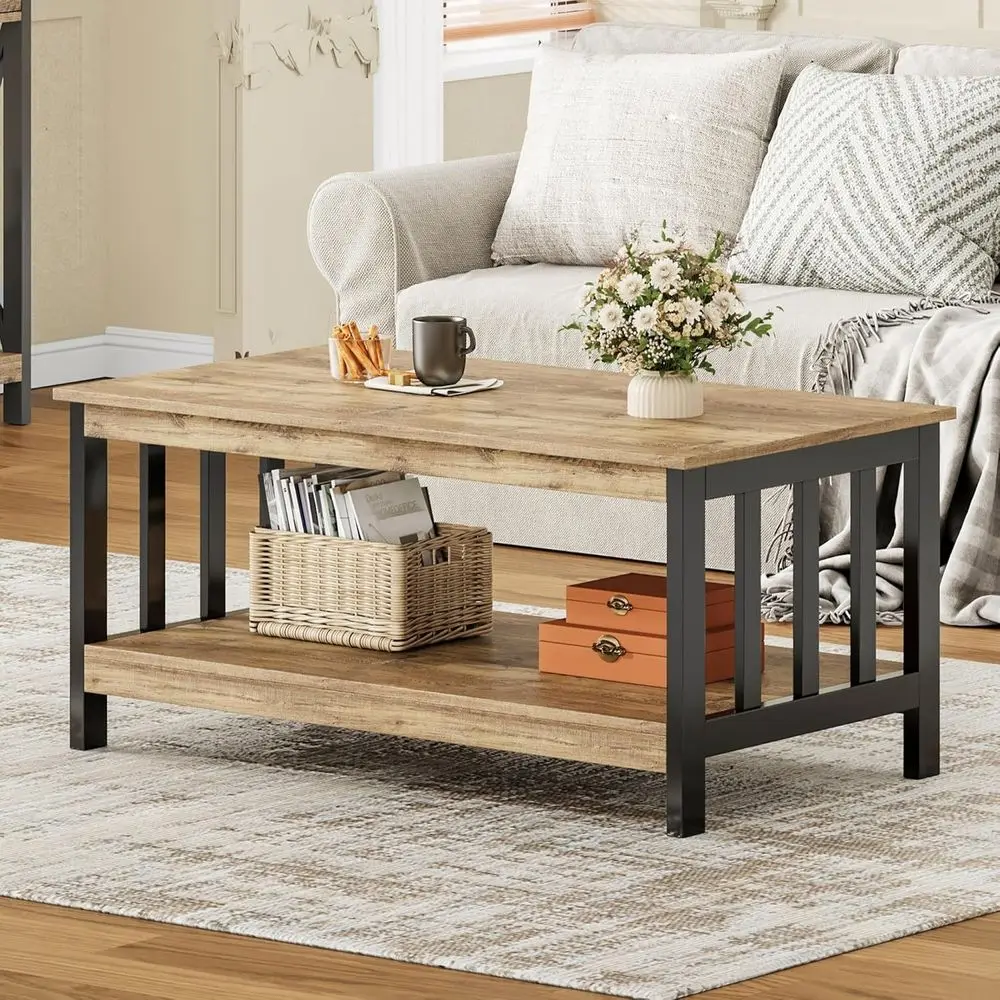 Mesa de sala de estar rústica de carvalho e fazenda preta com prateleira, 40 polegadas