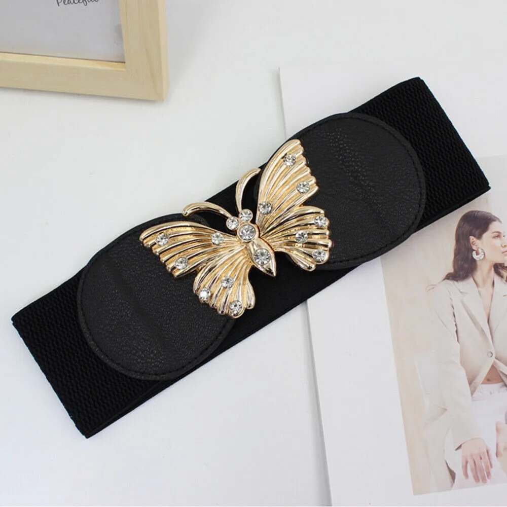 Comoda cintura di grandi dimensioni con fibbia in metallo Cintura larga nera con strass Cintura larga elastica da donna