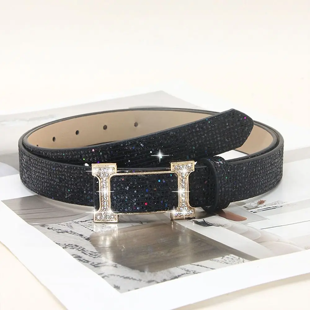 Fashion Bling Bling Sparkling Rhinestone Belt Versatile Luxury Brand Design Slide Buckle Belt Glitter Trendy Waistband Women