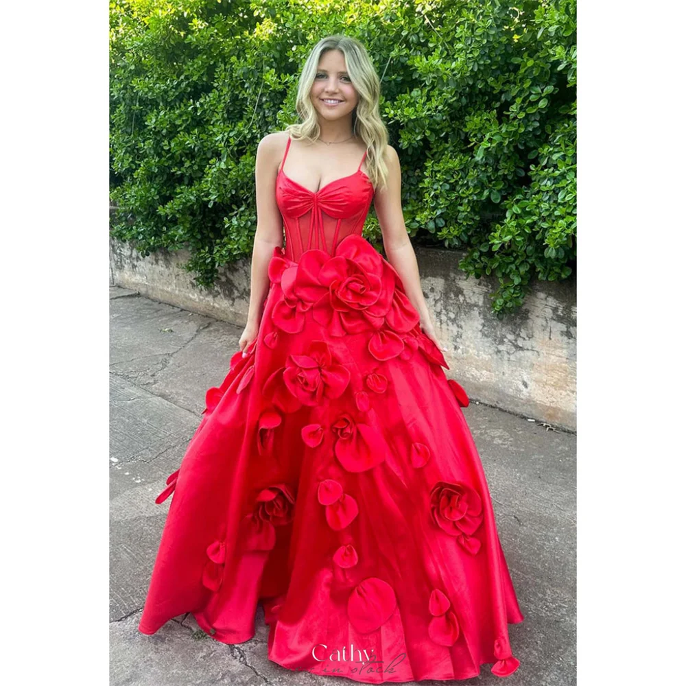 

Cathy Customized Red Spaghetti Strap 3D Flower Prom Dresses A-Line Sleeveless vestidos de noiva Floor-Length Formal Evening 2025