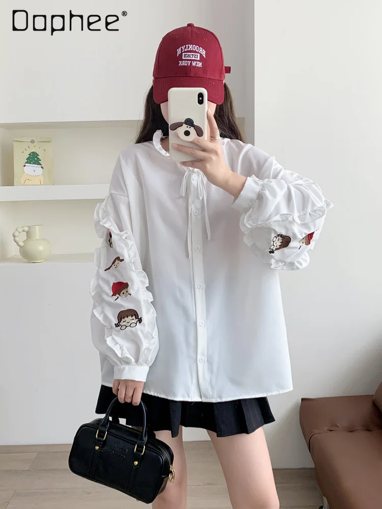 

Cartoon Embroidery Chic White Shirt Female Student 2024 Spring Autumn Loose Inner Wear Long Sleeve Cute Top Shirts for Women