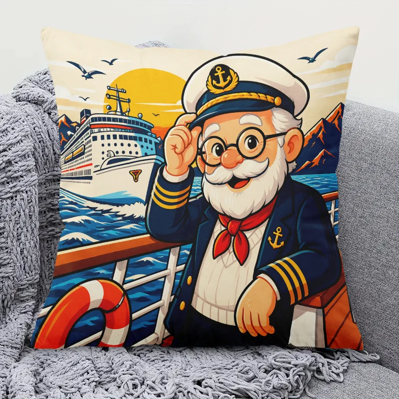 Cute Captain Pillow Case, Nautical Sailor Art Cushion Cover, Ocean Cruise Decor, Maritime Style Home Textile Gift for Sea Lovers