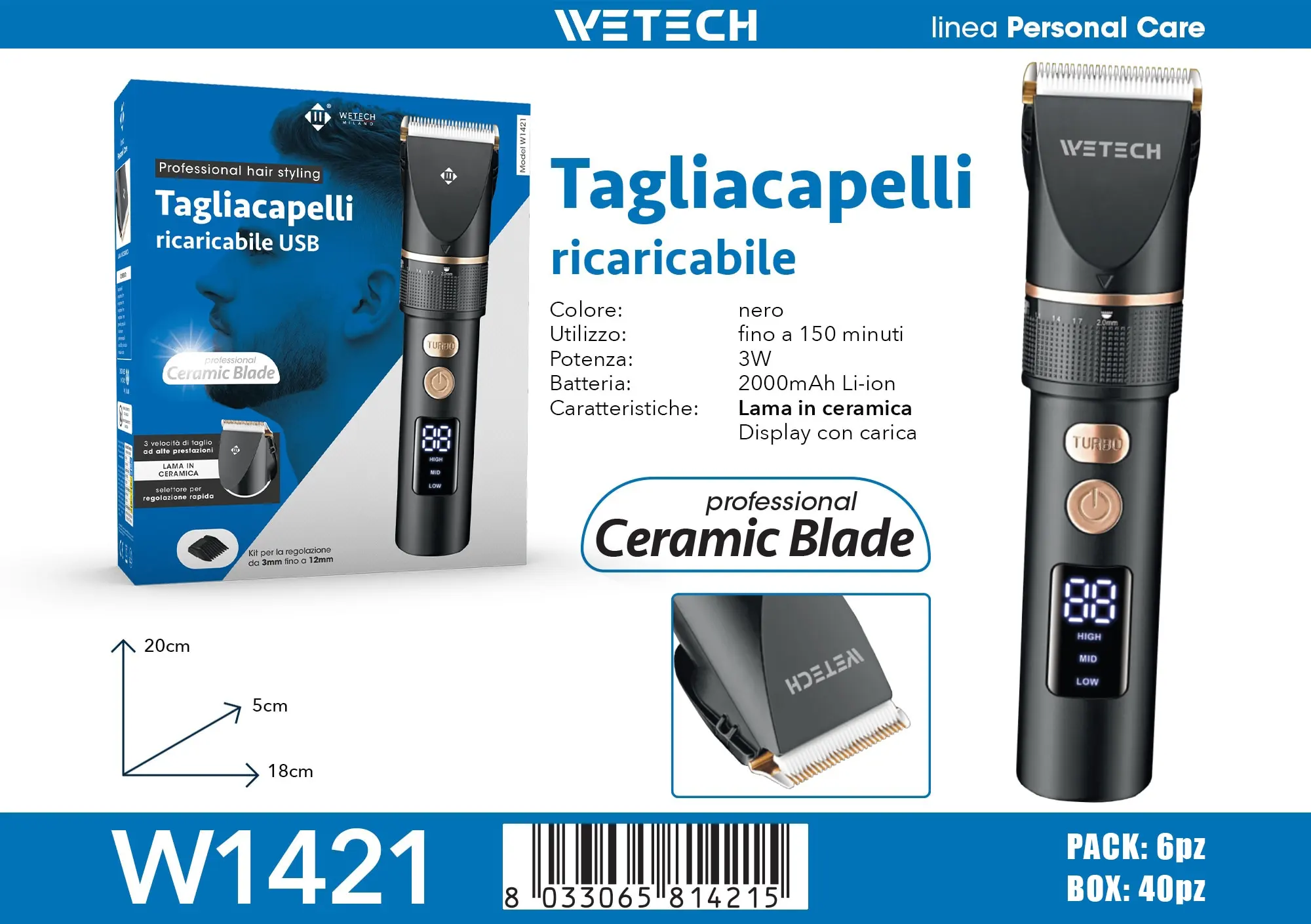 Tagliacapelli elettrico portatile ricaricabile, senza fili, per uomo, con pettine regolabile, ideale per barbieri e per l’uso domestico o in salone.