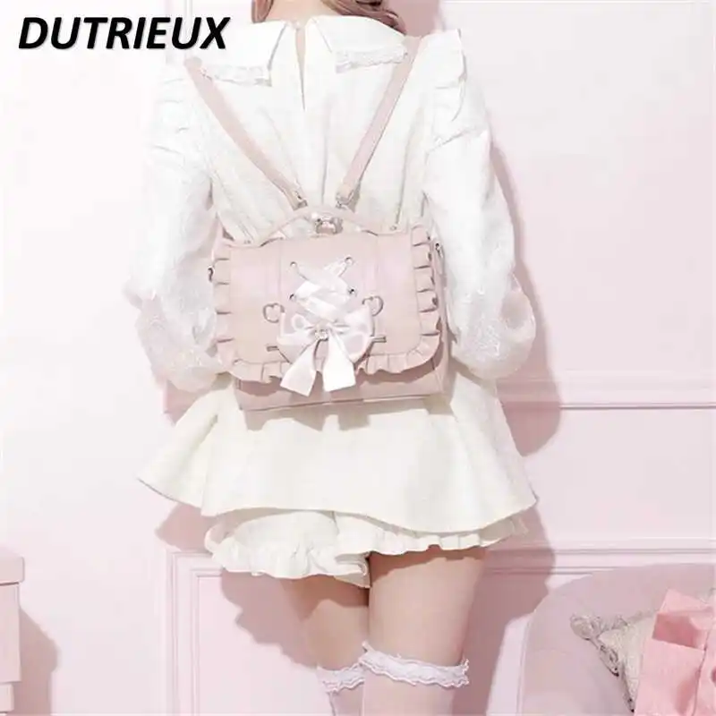 

Women's Backpacks 2024 New Lolita Style Ribbon Bow Love Portable Shoulder Crossbody Backpack Fashion Sweet Cute Ladies Bags