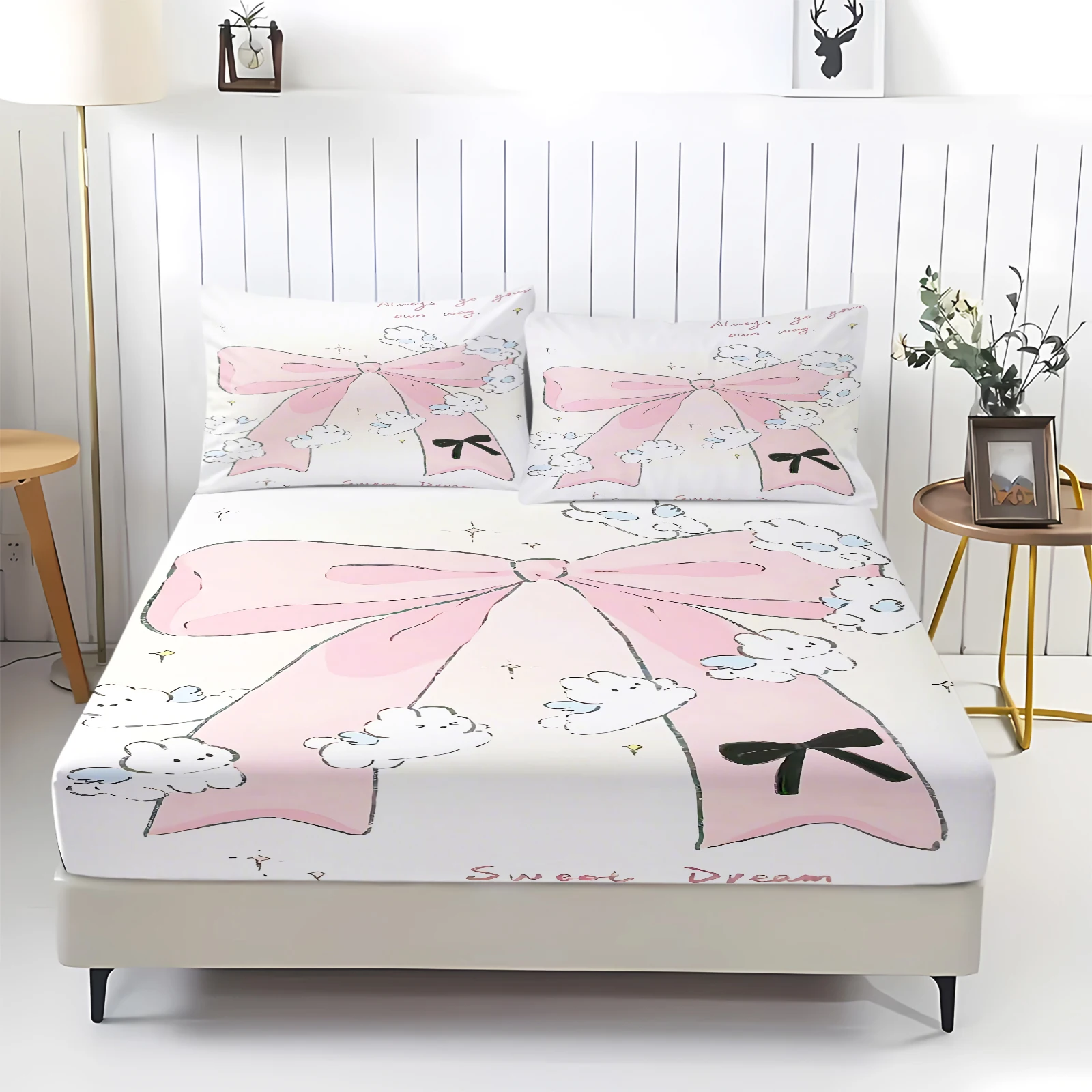 Cute Pink Bow Cloud Print Fitted Sheet Set With Pillowcases Elastic Bed Sheet Mattress Cover Sweet Aesthetic Bedroom Home Decor
